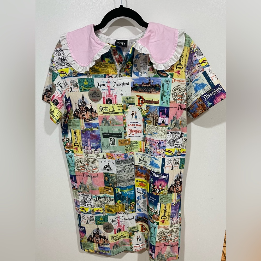 Disney 100 Eras Vintage Disneyland Poster Dress Allover Peter Pan Collar NWT